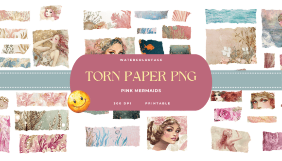 Download 1920's Pink Mermaids Torn Paper Ephemera - Mermaid Collection
